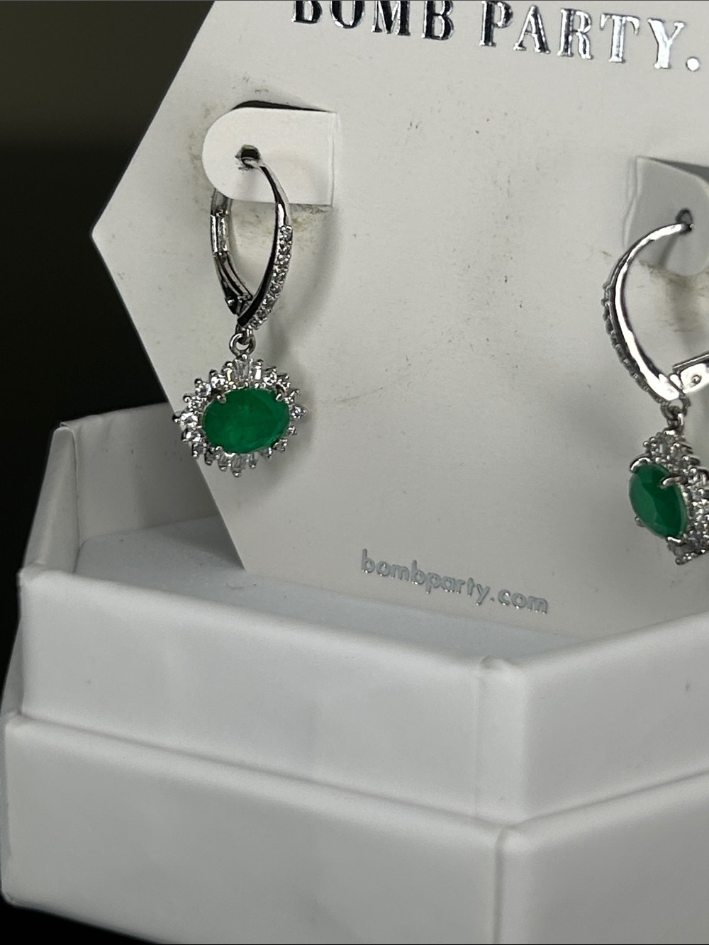 Bomb Party Found My Forever - Silver Drop Earrings with Green Stones - Picture 4 of 6